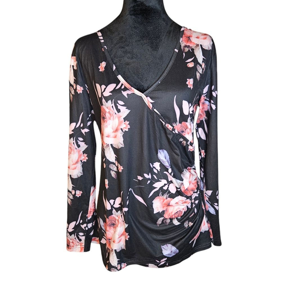 Beauhuty Medium Black Pink Floral Deep V-Neck Slim Fitted Long Sleeve Shirt - Picture 2 of 7